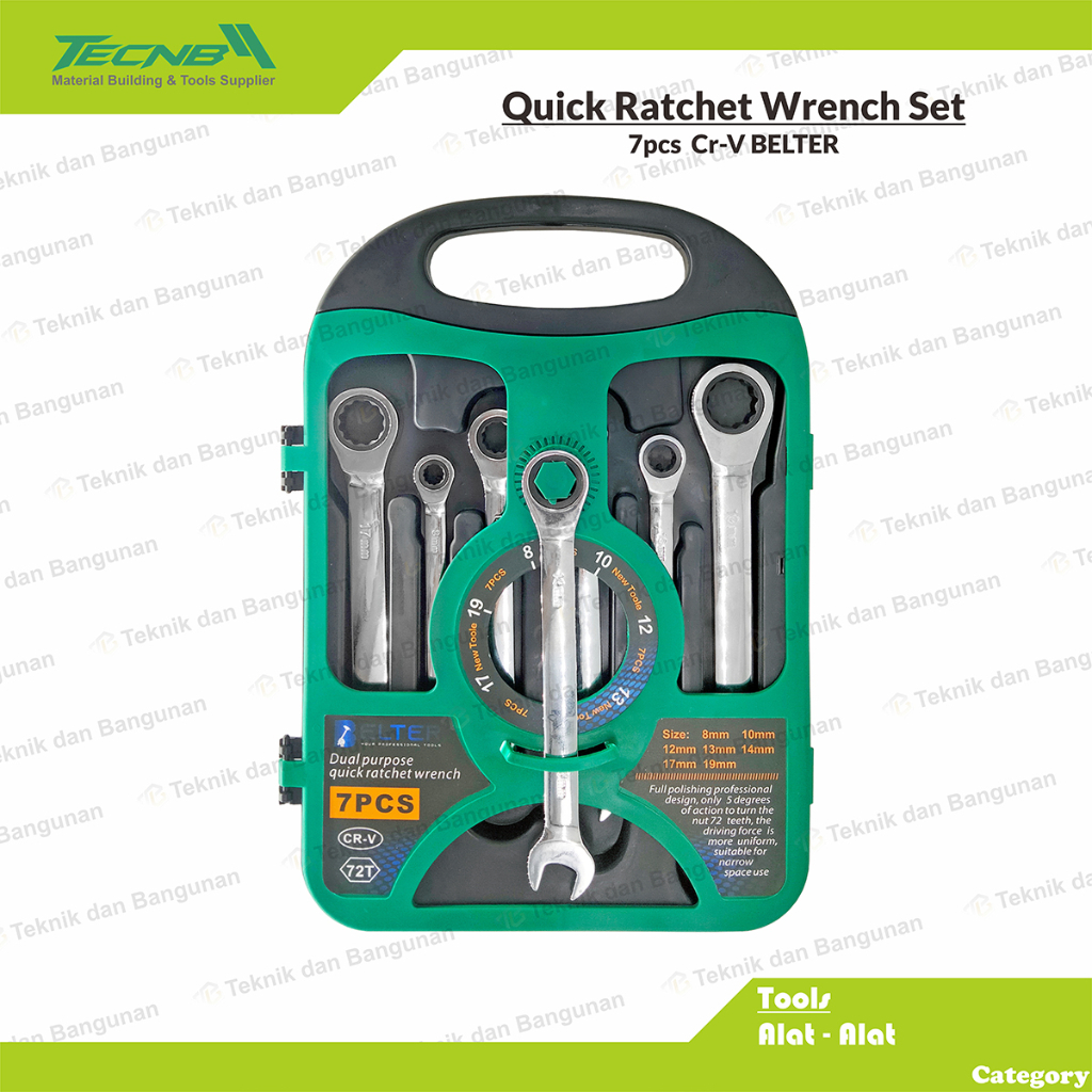BELTER Kunci Ring Pas Rachet Set 7 Pcs / Rachet Tekiro / Open End Wrench 8-19MM