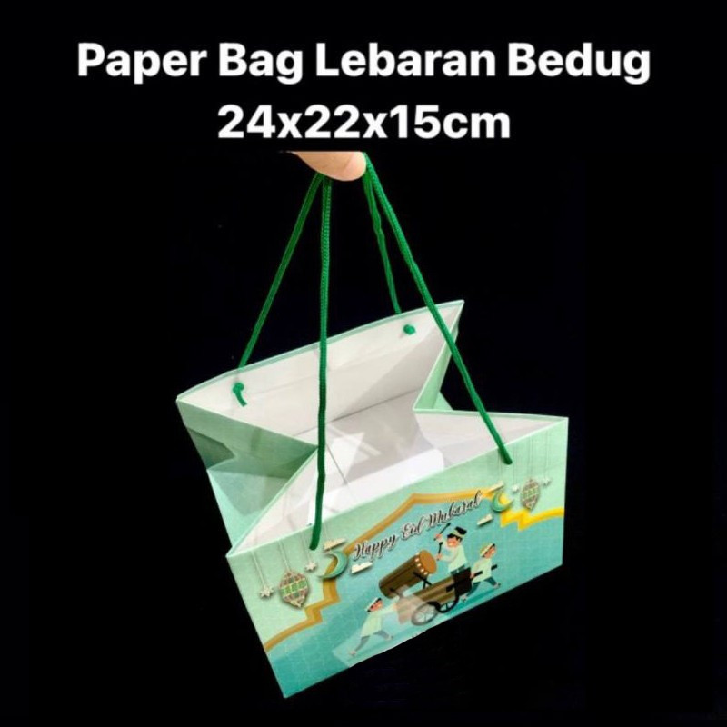 

( 5 pcs ) Paper Bag Idul Fitri Tas Parcel Lebaran Muat Box Nastar Motif Biru Bedug Ukuran 24x22x15 cm