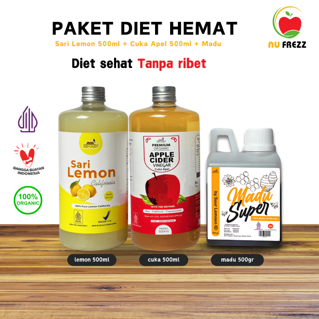 

Paket 3in1 Diet Detox Alami Sari Lemon 500 ML Cuka Apel 500ml Madu Hutan Super Organik Suur Lemoen