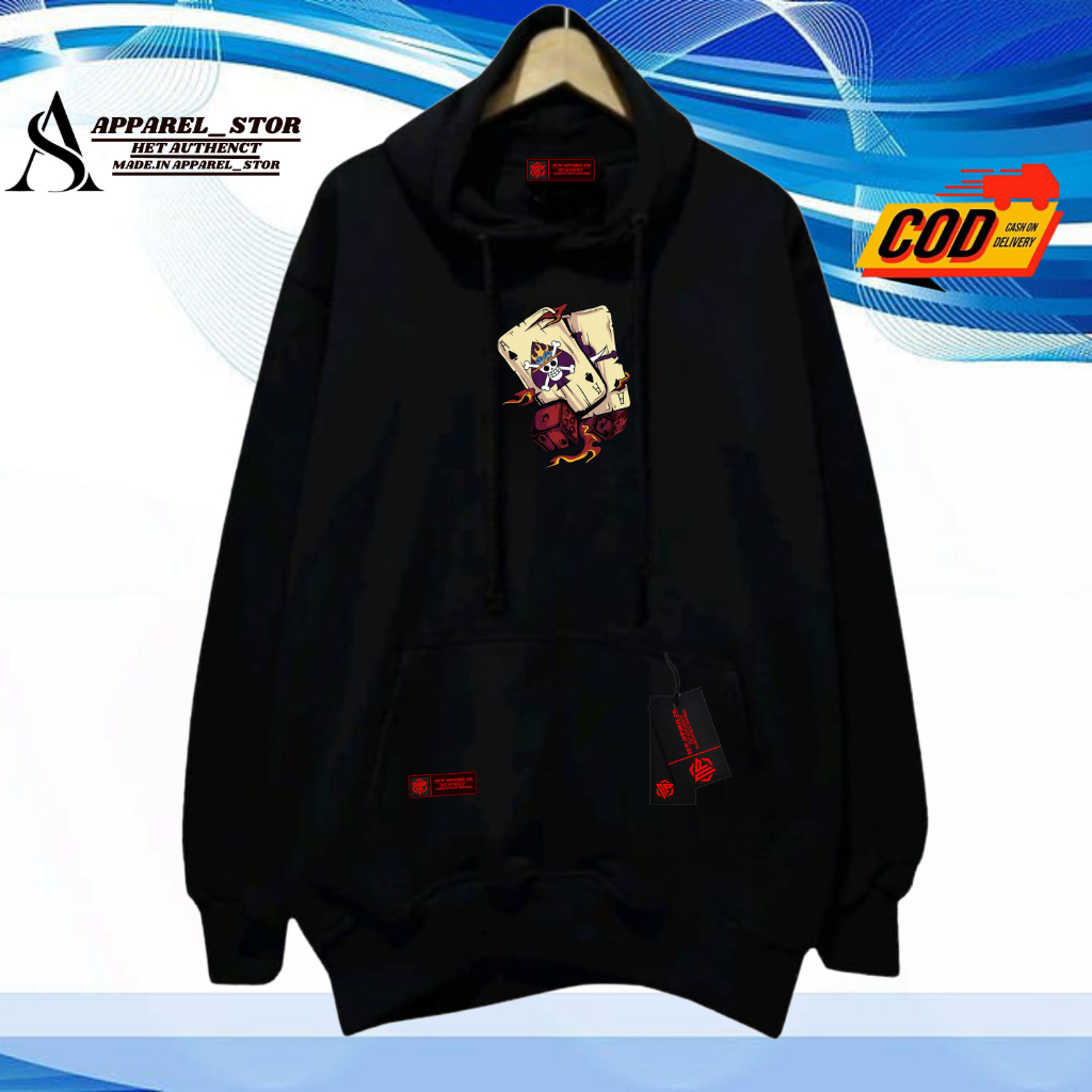 APPREL_STOR Hoodie Sweater Pria Wanita Distro Original Oversize Warna Hitam Motif Card Luffy Switer 
