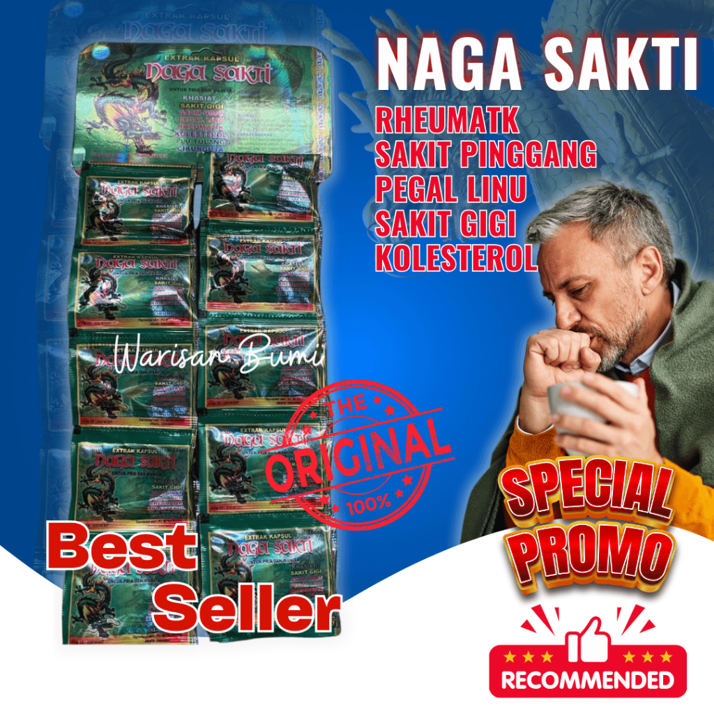 

NAGA SAKTI KAPSUL ISI 20 SASET ORIGINAL AMPUH SAKIT GIGI ASAM URAT PEGAL LINU REMATIK KOLESTROL