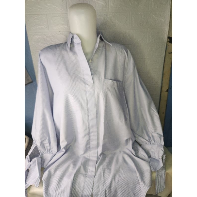 Kemeja Lengan Panjang Putih biru garis