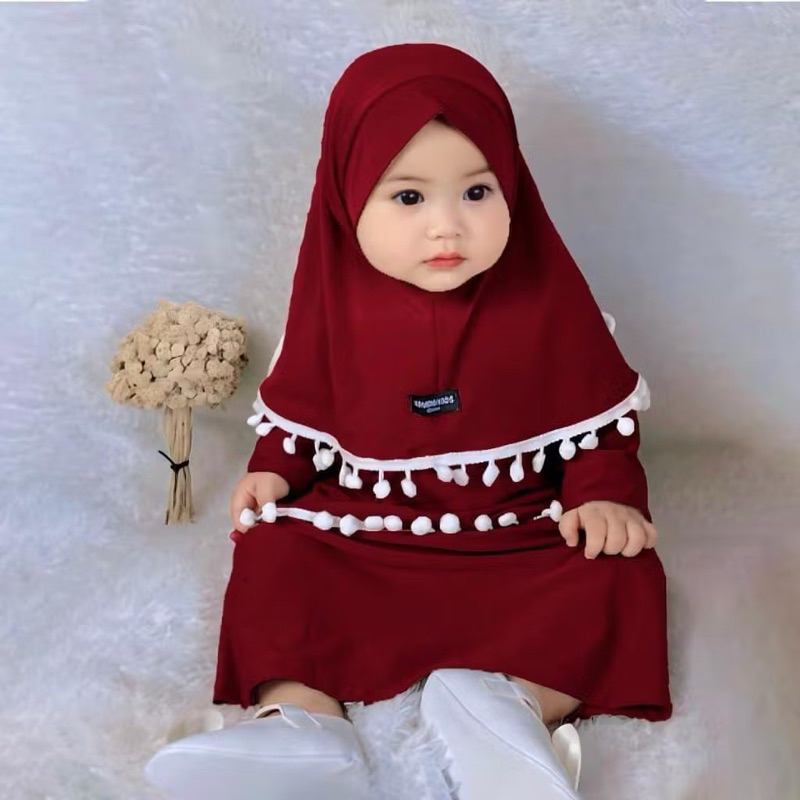Gamis Anak Bayi Renda Pompom Set Hijab Kekinian||Gamis Bayi Bahan Jersy Adem