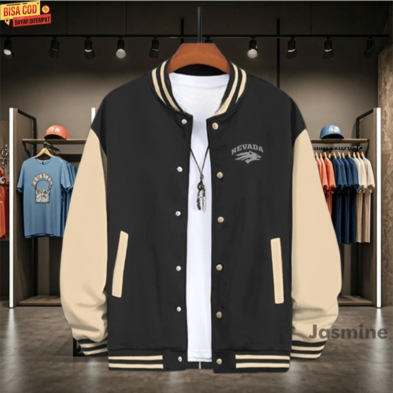 BISA COD Jaket Bomber Varsity Baseball Kancing Katakata Jepang | nevada Text silver Origin Premium J