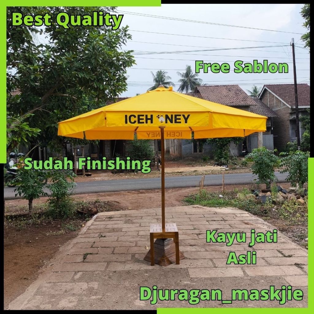 Payung cafe taman outdoor kolam renang kayu jati dengan pemberat umpak dan meja