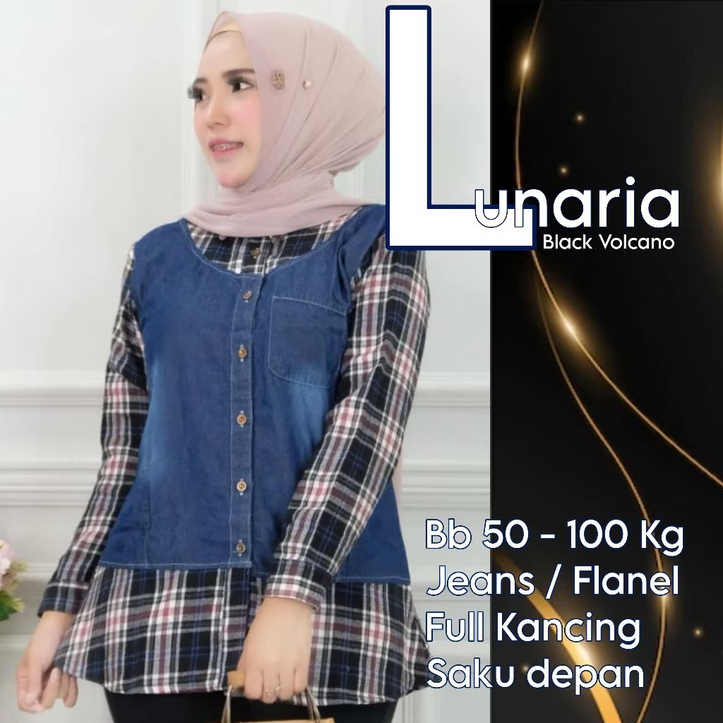 ATASAN WANITA MUSLIM LUNARIA UNTUK BB 50 - 100 KG | KEMEJA JEANS KOMBINASI KOTAK KOTAK