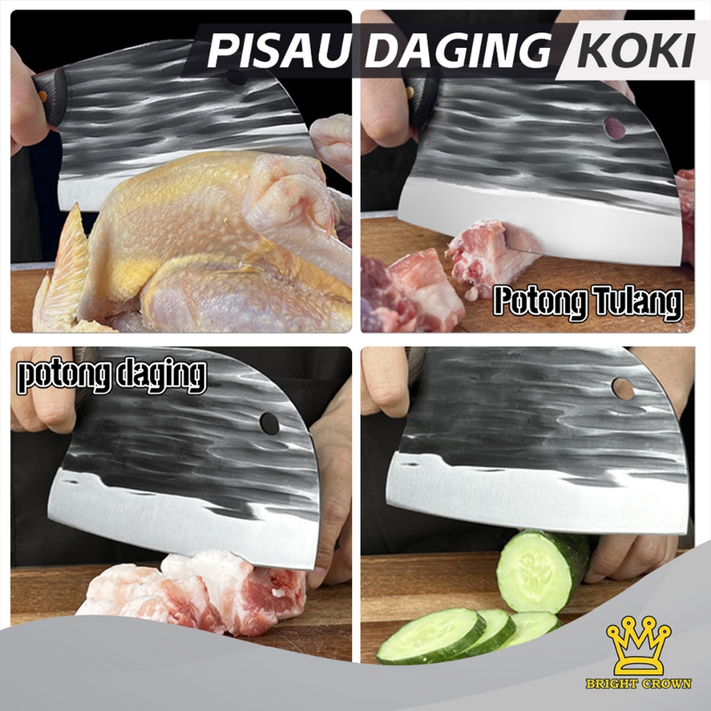 BIG PROMO BRIGHT CROWN SET PISAU KOKI DAPUR SUPER TAJAM STAINLESS GAGANG KAYU / GOLOK CACAH DAGING