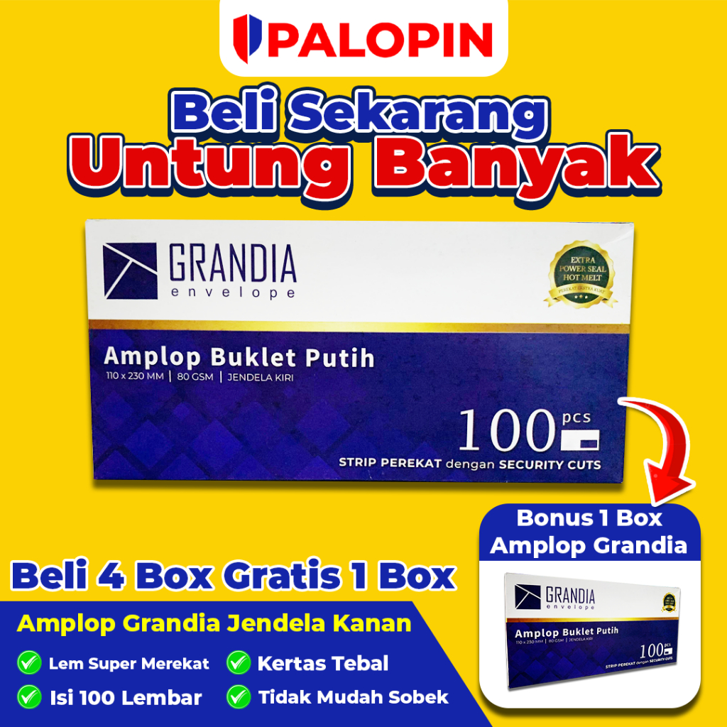 

4 Box Amplop Putih Grandia Jendela Kanan DL 90 ( isi 100 pcs) Free 1 Box