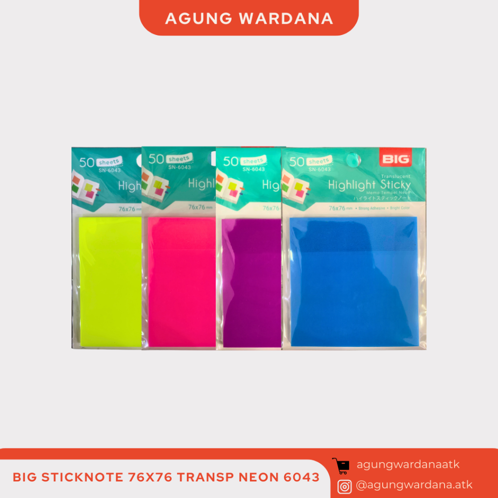 

BIG STICKNOTE 76X76 TRANSP NEON 6043