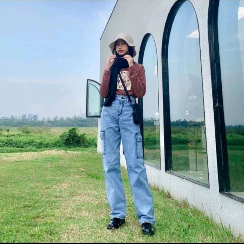 Cargo Korea Style Celana Jeans Panjang Celana Highwaist Wanita Celana Jeans Kekinian Wanita
