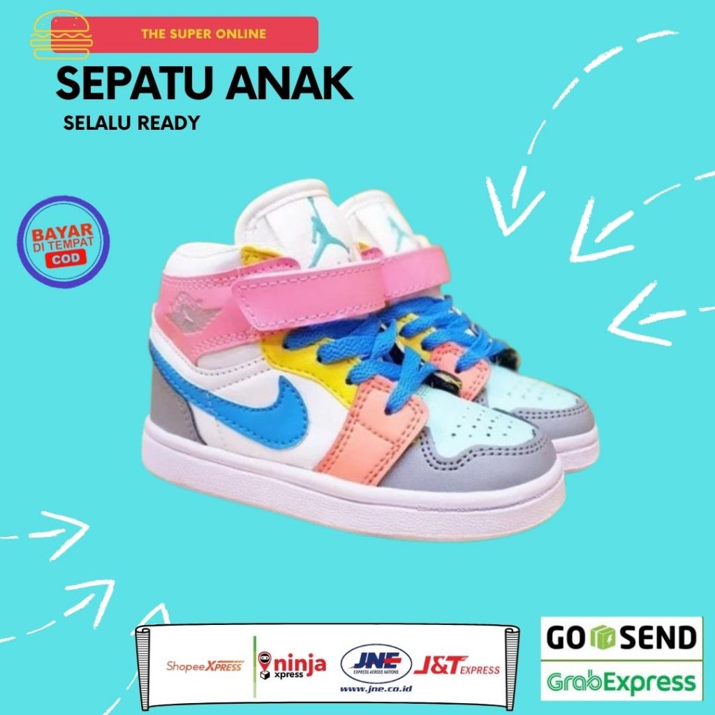 Sepatu Anak Perempuan Santai Merek Air Jordan Warna Pink Kombinasi Putih Abu Biru Umur 1 2 3 4 5 6 7