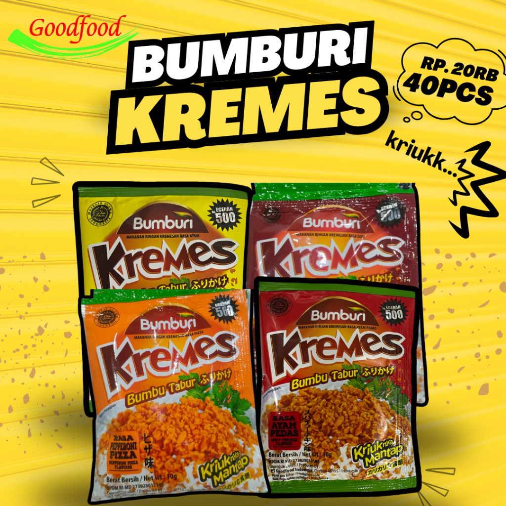 

Bumburi kremes 60Sachet Rasa : Ayam, Ayam Pedas, Sapi, Papperoni Pizza, Kremesan.