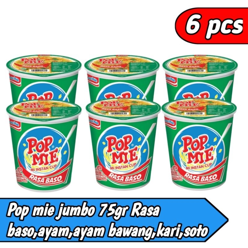 

Pop mie kuah jumbo 75gr 6 pcs rasa baso,ayam,ayam bawang,soto,kari