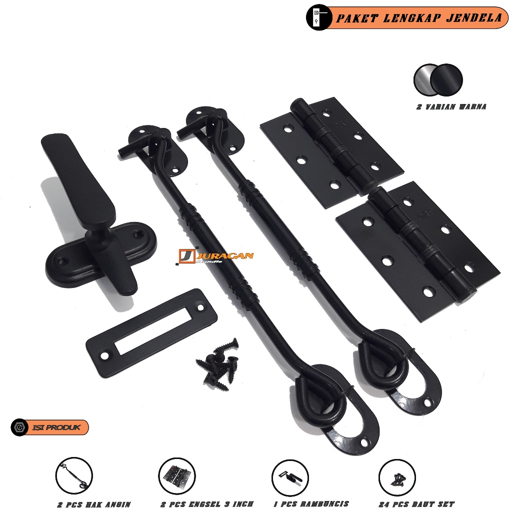 Paket Komponen Jendela Engsel Grendel Hak angin Hitam Series - Rambuncis Panolet Slot Jendela Silver
