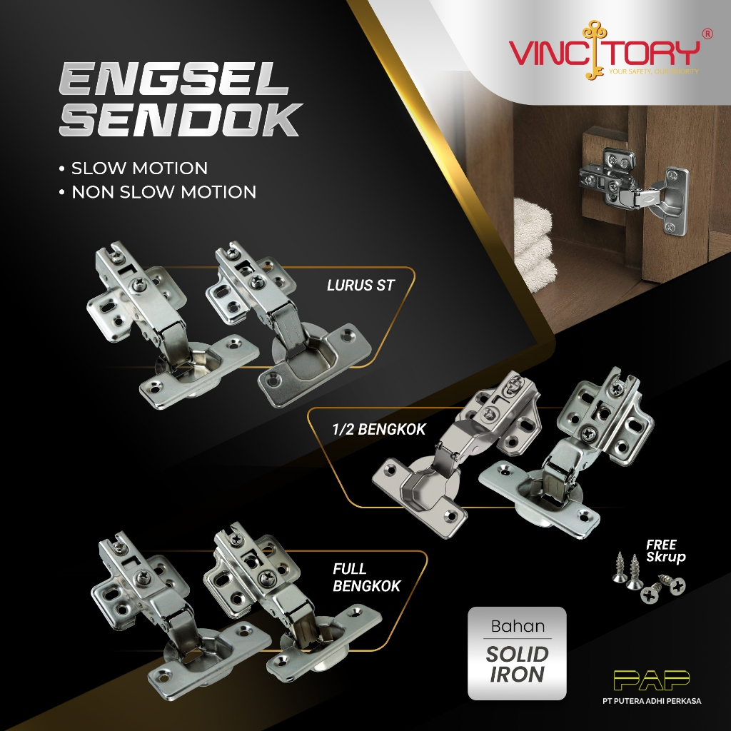 Vincitory Engsel Sendok Pintu Lemari Kecil 26mm Stainless  Premium Lurus Setengah Full Bengkok