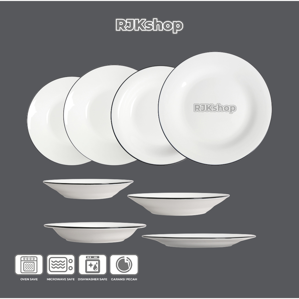 RJKshop PIRING KERAMIK MAKAN POLOS LIST HITAM / PIRING SAJI POLOS BLACK LINING 10 inch