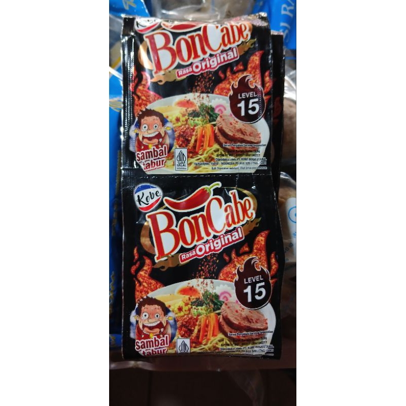 

BUBUK CABAI PEDAS BONCABE LEVEL 15 PERENCENG ISI 12 PCS PERSASET BERAT 5,5GRAM