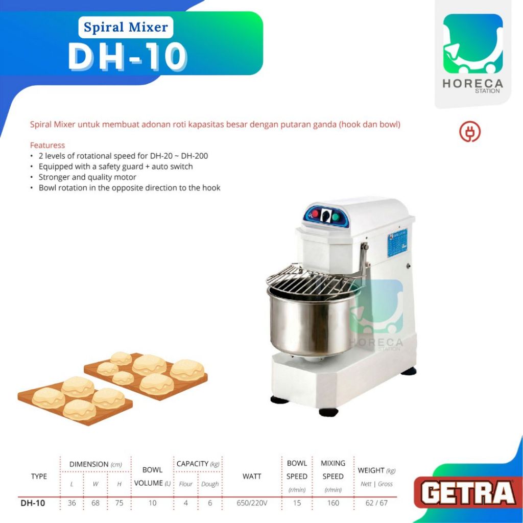 GETRA Spiral Mixer DH-10 / DH 10 / DH10 (Mixer Bakery Roti)