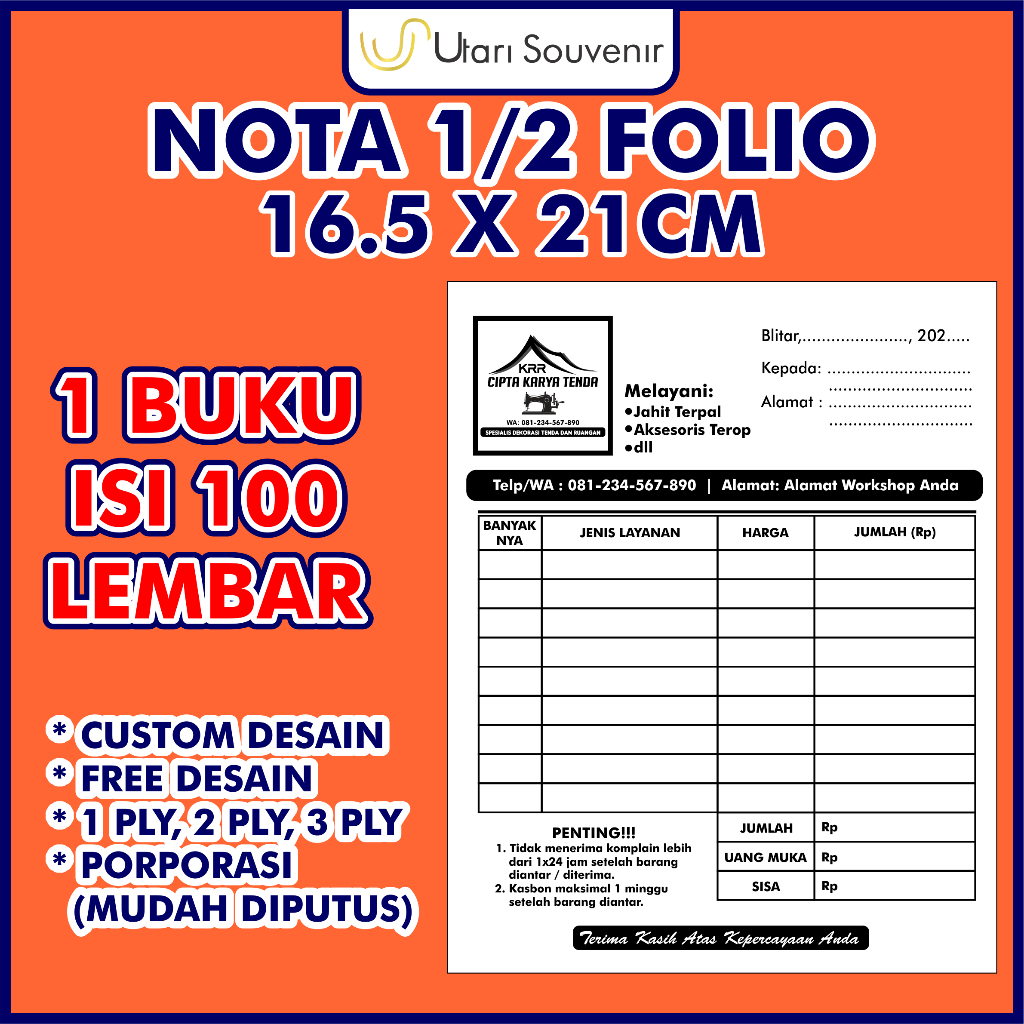 

Cetak Nota Ukuran 1/2 Folio Custom Free Desain per Buku Isi 100 Termurah