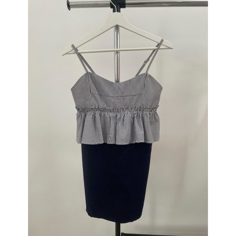 PRELOVED jumpsuit dress navy biru garis garis tidak berlengan baju pantai sleeveless dress skort