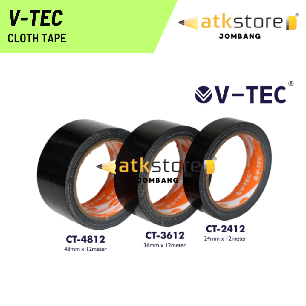 V-TEC Cloth Tape Hitam 1/ 1,5 INCH x 12meter 240 Mic Lakban Isolasi Selotip Kain Hitam