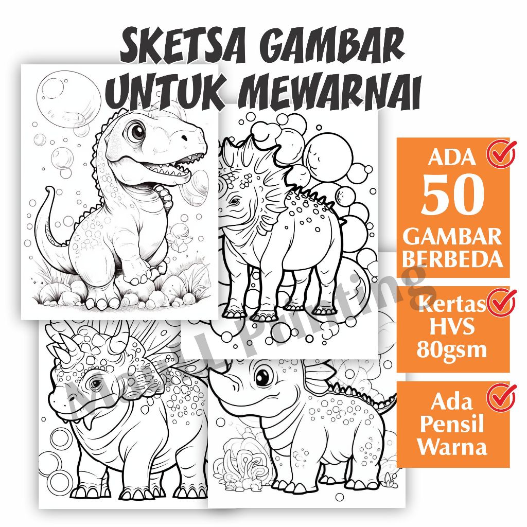 

[BAHAN HVS 80GSM] PAKET SKETSA GAMBAR MEWARNAI - TEMA DINASAURUS