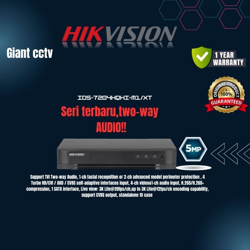 DVR HIKVISION 4CH 5MP original audio