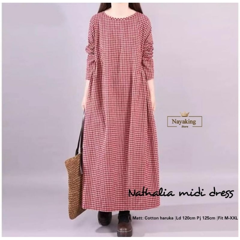 Nathalia Midi Dress Wanita Dewasa Katun Haruka Premium Kotak