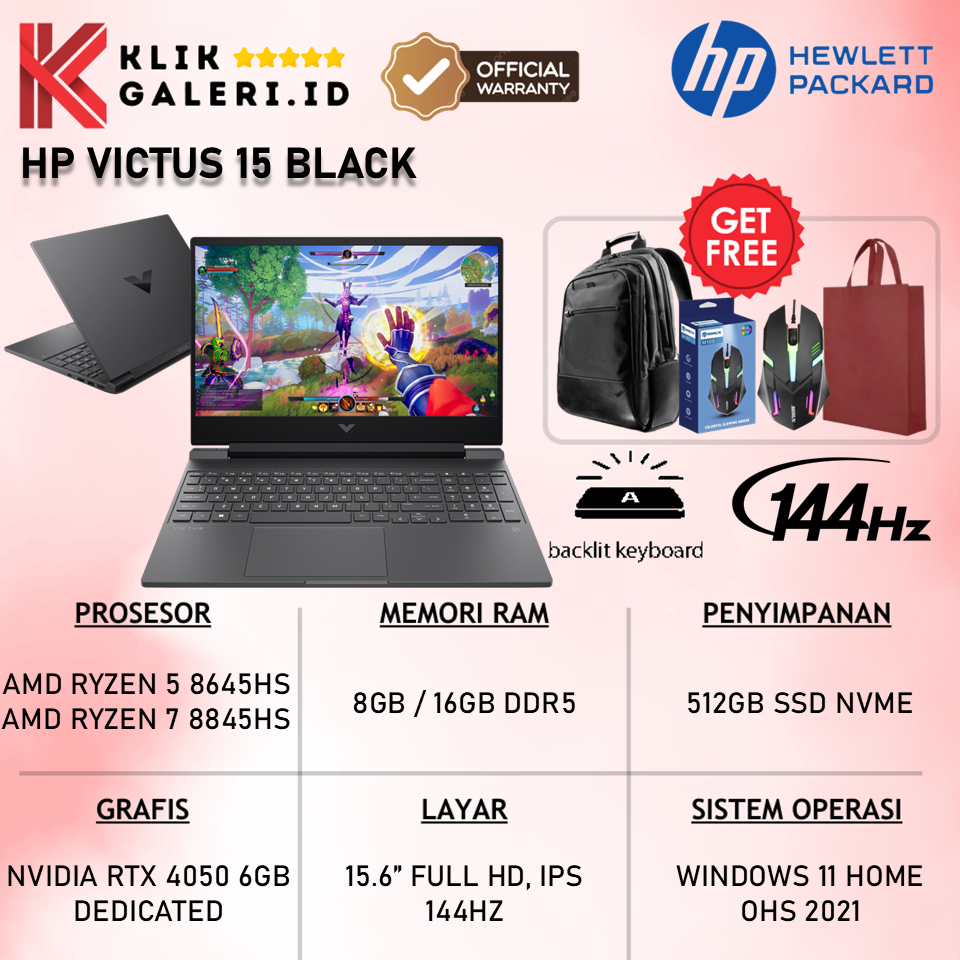 HP Victus 15 RTX 4050 AMD Ryzen 5 / AMD Ryzen 7 8000 Series RAM 16GB SSD 512GB Garansi Resmi