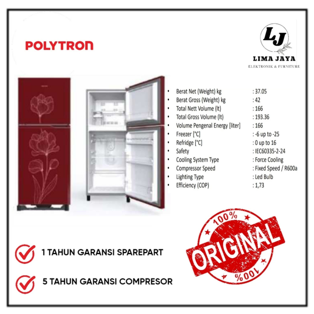 Kulkas 2 Pintu POLYTRON PRB200R 166 Liter Kulkas Polytron Dua Pintu