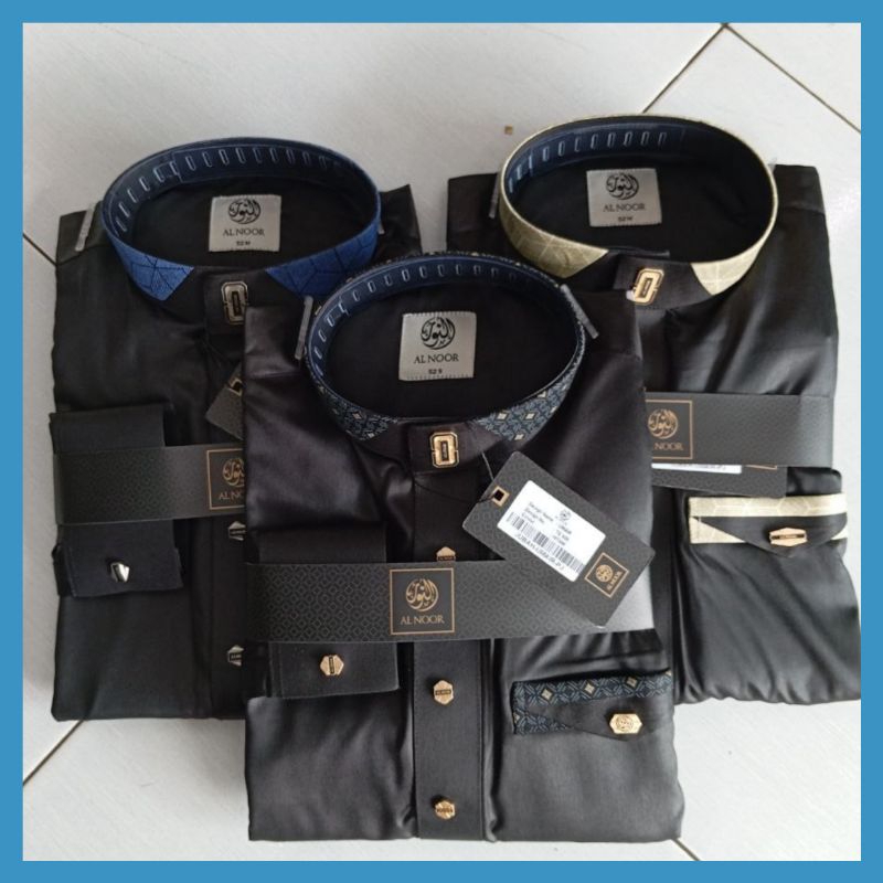 Jubah Dewasa Al Noor Umair Hitam Manset, Gamis Pria Lengan Panjang Manset Polyester