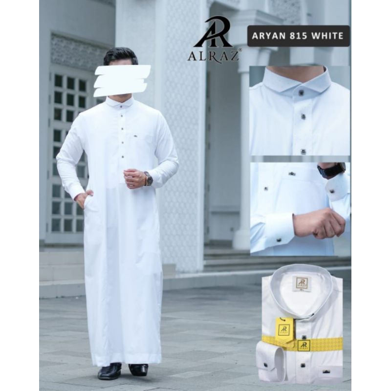 Jubah Alraz Katun Premium Model Aryan White, Gamis Pria Lengan Manset Kerah Kemeja