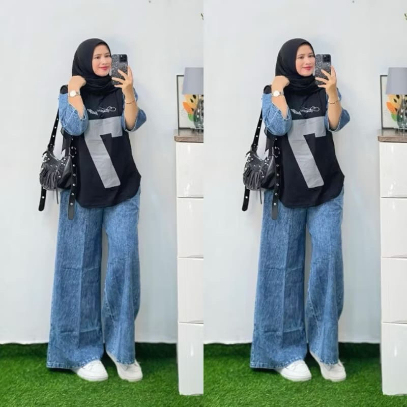 Setelan Jeans XL,XXL Wanita Dewasa Atasan Combed 24s Celana Jeans Kulot Cargo, Setelan Wanita Kekini