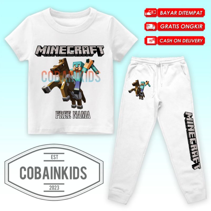 (BISA COD) Setelan Fashion Kaos Anak Minecraft Pocket Edition Pixel Set Baju dan Celana Jogger ANAK 