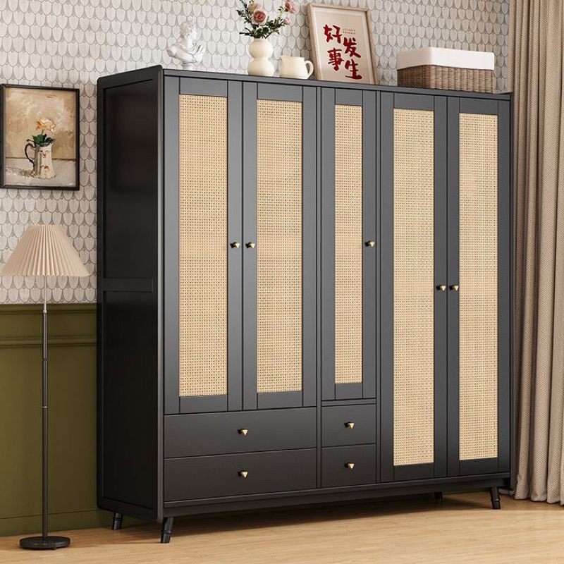 Lemari Baju Kayu Jati Kombinasi Rotan 5 Pintu 01NAG