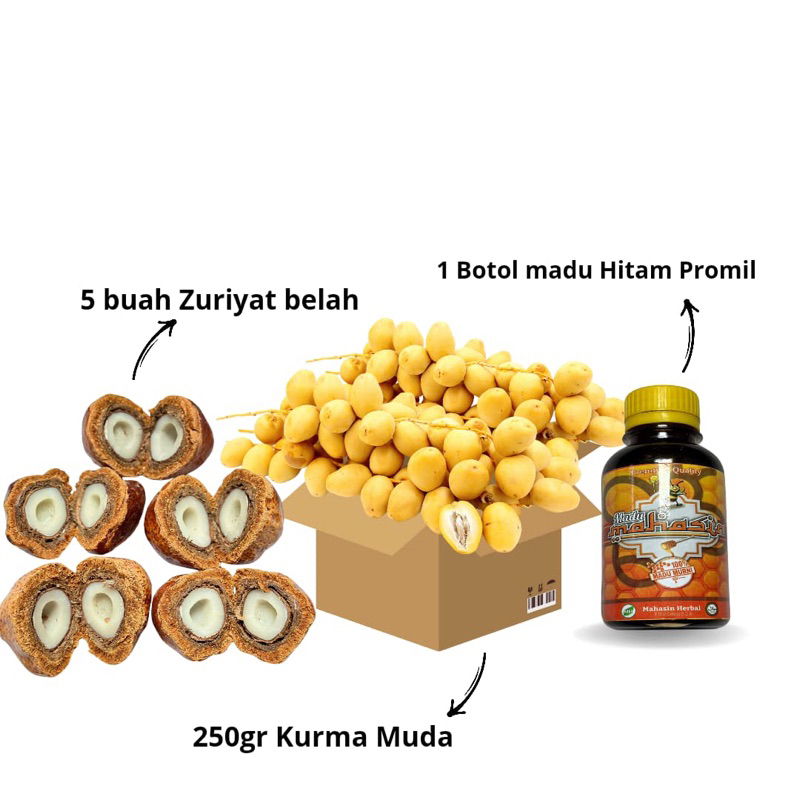 

kurma muda paket lengkap dengan zuriyat belah dan madu hitam