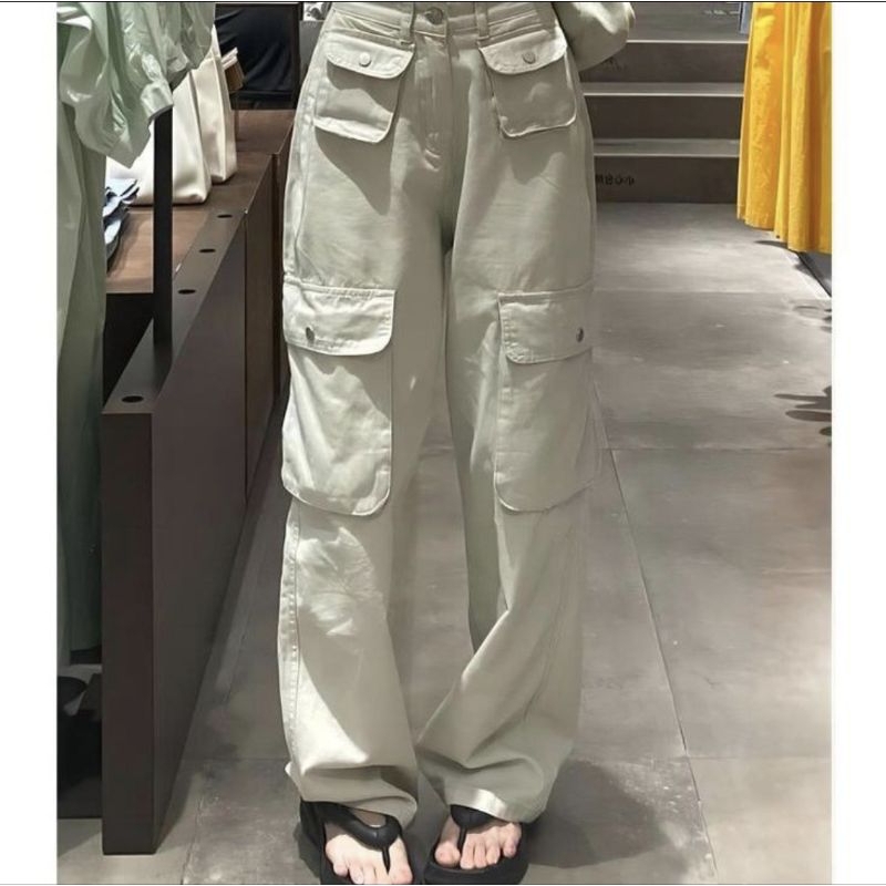 Celana Cargo Panjang Wanita Highwaist - Cargo Denim Pasir Putih Krem Cargo LULU