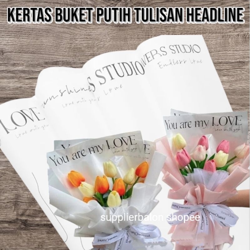 

5 LEMBAR Kertas buket putih tulisan headline / Letterhead Pattern Paper flower wrapping