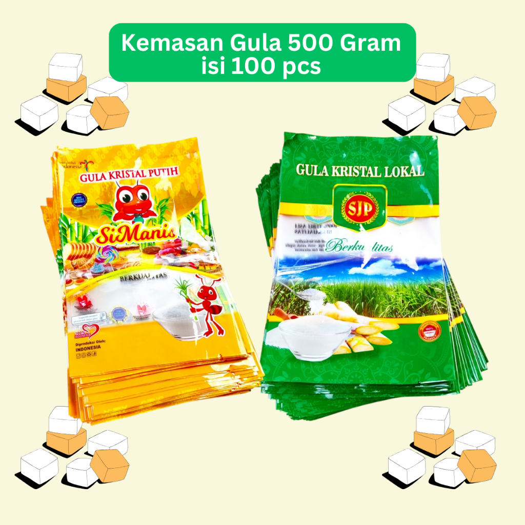 

Kemasan Gula Pasir 500 gram Si Manis isi 100 pcs Bungkus Pasir Halus Putih termurah mini gr semut