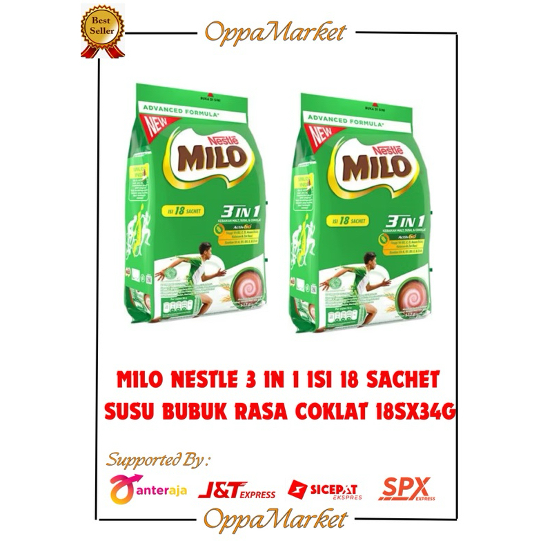 

MILO NESTLE 3 IN 1 SUSU COKLAT ISI 18 SACHET X 34G