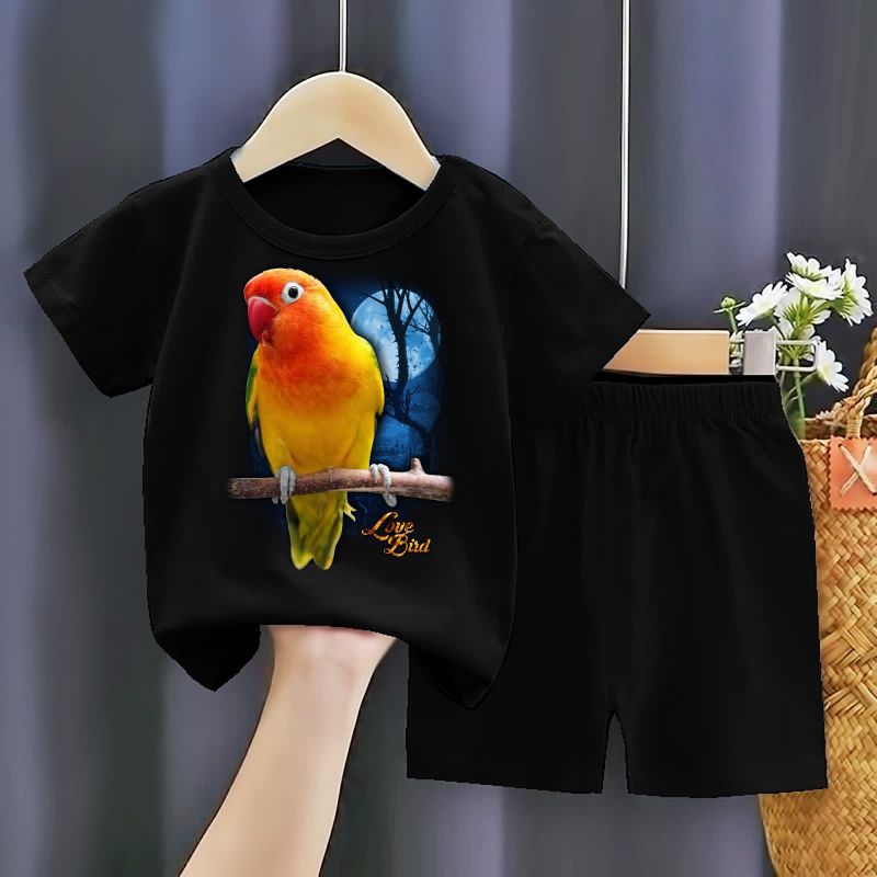 SETELAN HITAM ANAK MOTIF BURUNG LB LOV BIRD KEPALA OREN BULU KUNING BULQN BIRU SABLON DTF DIGITAL ON