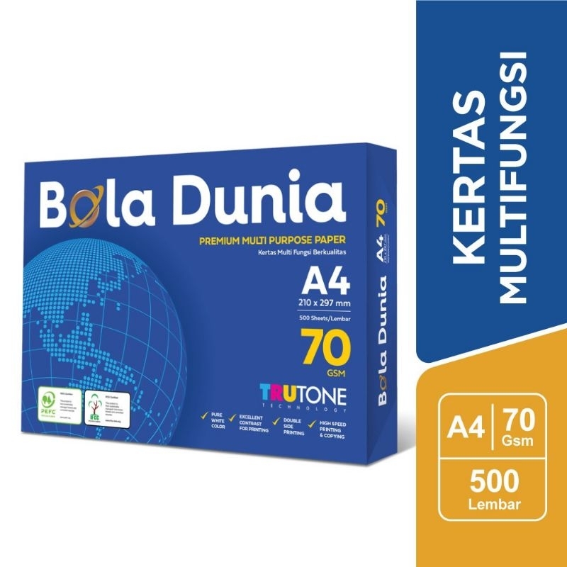 

Kertas A4 70 Gram Bola Dunia 1 Rim isi 500 Lembar