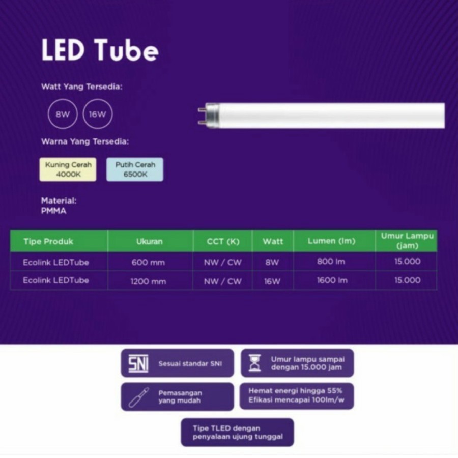 Lampu TL LED Tube T8 16 watt 16w 16watt Ecolink (1200mm)