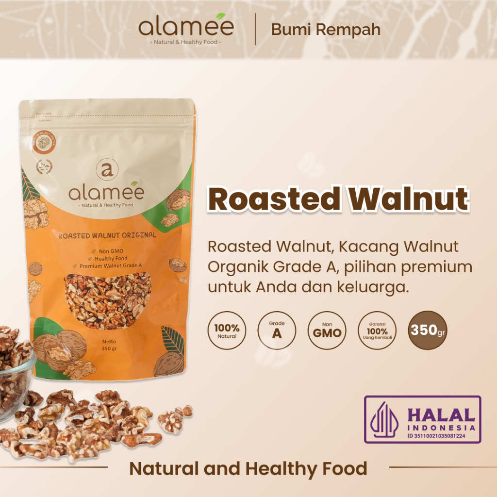 

ALAMEE Roasted Kacang Walnut Kenari Otak Panggang Oven Premium Organik Siap Makan Utuh Cemilan 350g