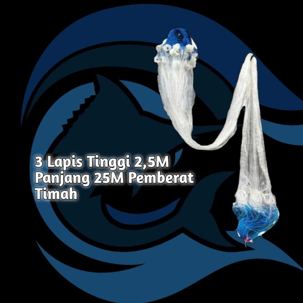 Jaring Ikan Siap Pakai 3 Lapis Tinggi 2,5m Panjang 25m Jaring Luar 5in 0,28mm Jaring Dalam 1 3/4in 0