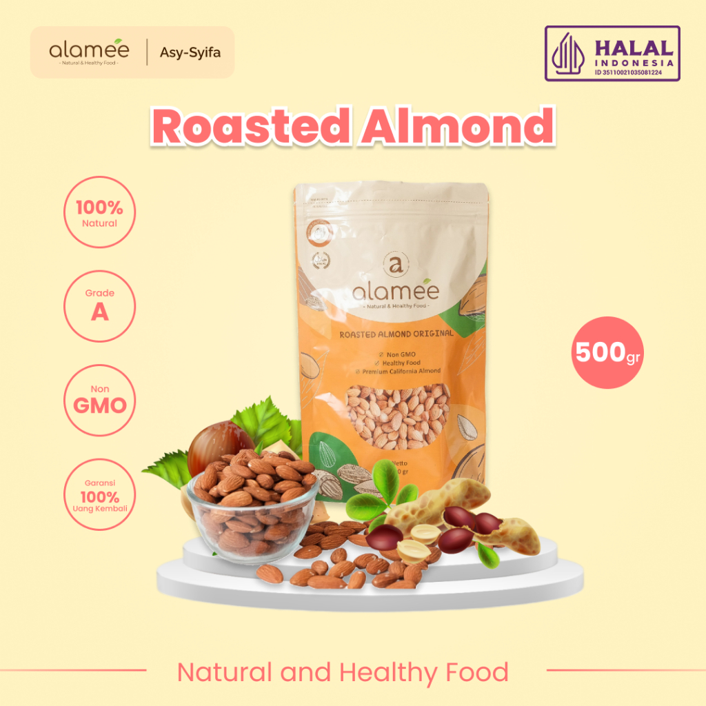 

Kacang Almond Panggang Ukuran 500gr Kupas Organik Kualitas Premium Whole Roasted Almond