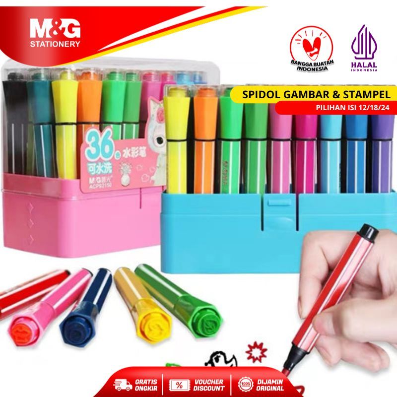 

M&G Spidol Warna Warni Untuk Gambar Dilengkapi Stampel Berbagai Bentuk Marker Stamp Water Color Waterproof Spidol Warna Pilihan 12 18 24 36