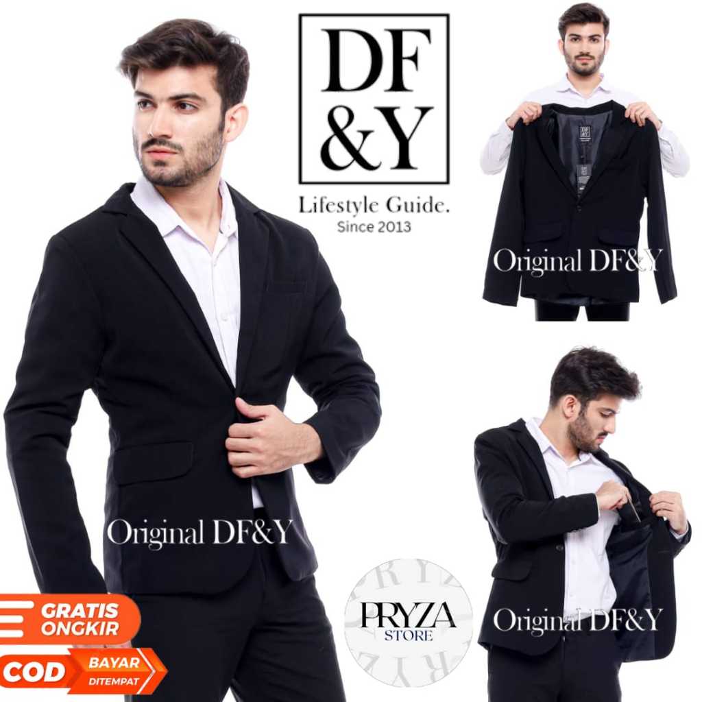 PRYZA Jas Blazer Pria Casual Hitam/Abu/Putih/Navy Polos Original DF&Y / Jas Blazer Kerja Kantor  For
