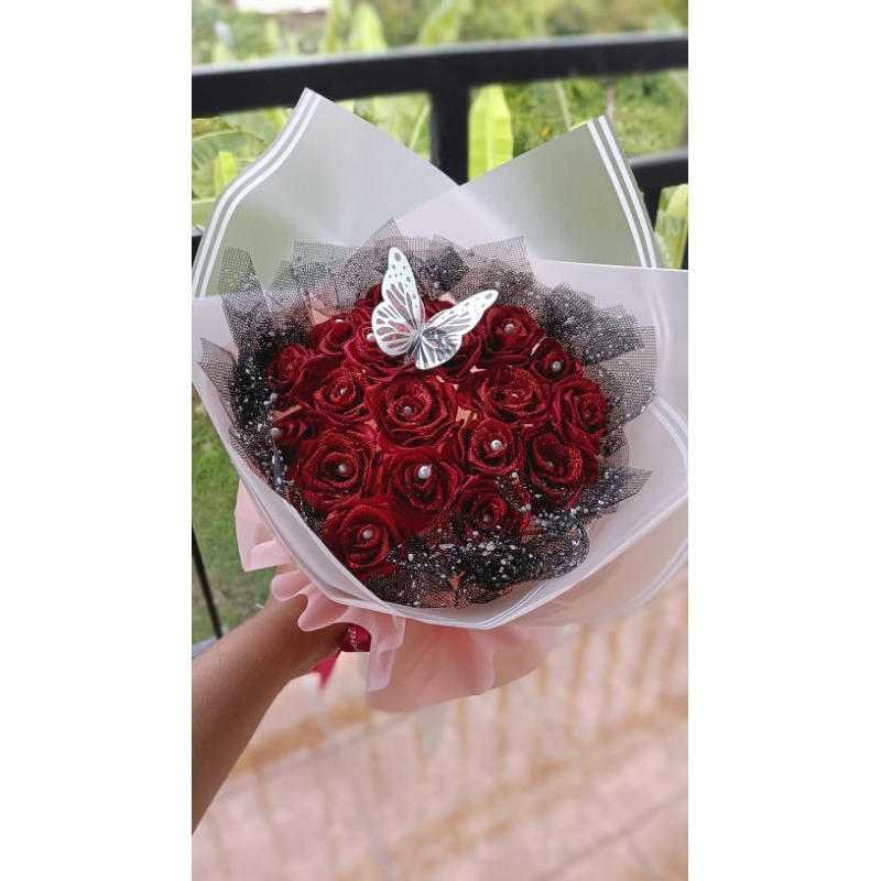 Buket Bunga Merah satin, buket wedding, buket murah