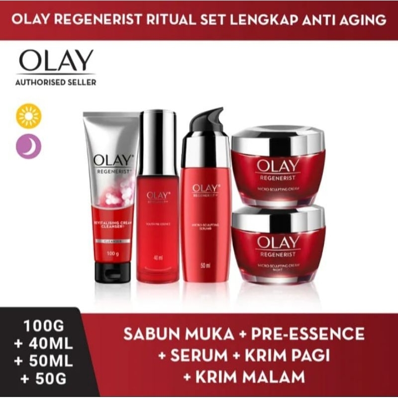 Olay Regenerist Ritual Set Anti Aging Sabun Muka + Serum Krim Pagi Keramik Malam
